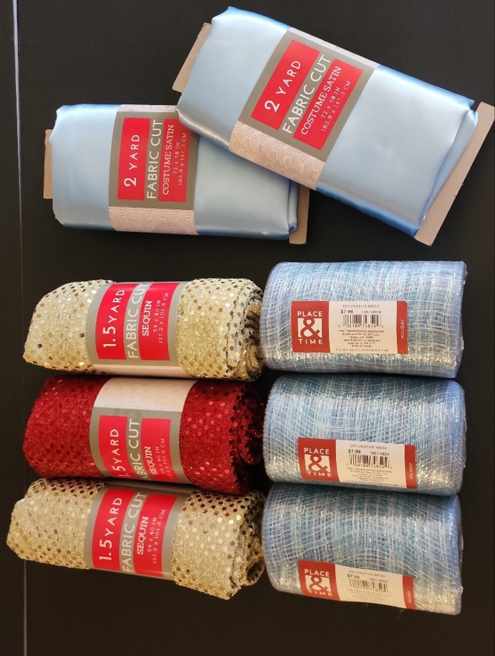 New, Lot Of Fabrics IE 3 Sequin, 2 Satin Plus 3 Mesh, For Crafts + Sew Projects
